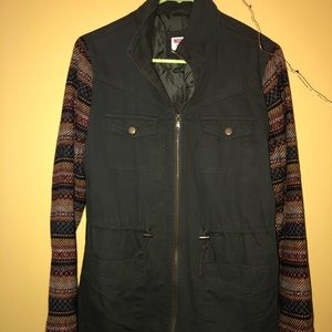 zip up jacket, green with tribal print arms